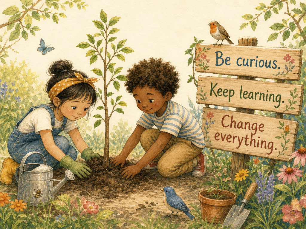 Children planting a tree beside a sign that reads be curious, keep learning, change everything